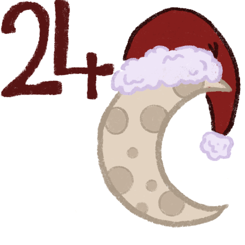  an image with drawings in it. In the top left corner there is a red number 24. On the right side there is a crescent moon wearing a santa hat.